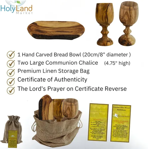 Miniatura 4 de Holy Land Market Juego de tazas y platos de comunión de madera de olivo, juego de comunión tallado a mano en Belén, para adoración de la iglesia