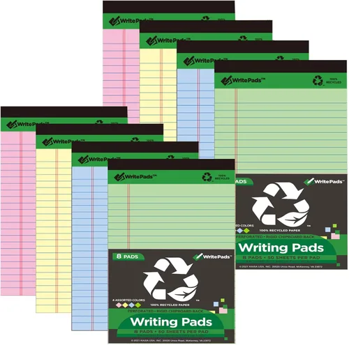 KAISA KSU-6887 - Bloc de notas de tamaño legal de 15 libras, con hojas recicladas de color, 50 hojas con renglones, de 5 x 8 pulgadas, 8 blocs