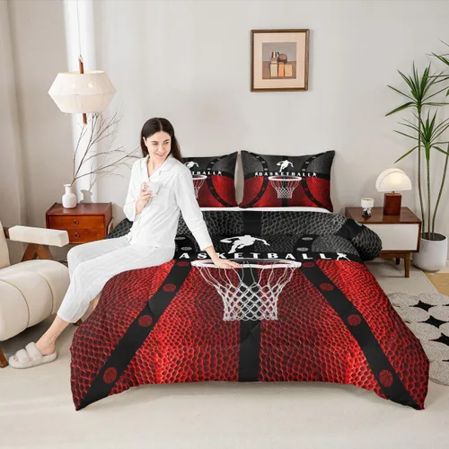 Juego de edredón baloncesto para niños, tamaño individual, juego de ropa de cama geométrico con diseño de cancha de baloncesto abstracto, decoración