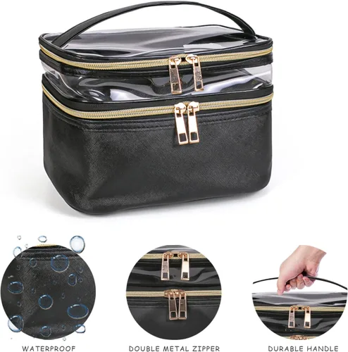 Miniatura 4 de Bolsa de cosméticos de doble capa, bolsa de maquillaje, bolsa de aseo grande, bolsa organizadora de maquillaje de viaje para niñas y mujeres, Negro