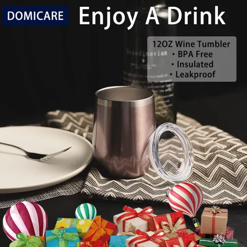 Miniatura 5 de DOMICARE - Juego de 16 vasos de vino de 12 onzas con tapa, hechos de acero inoxidable con aislamiento al vacío de doble pared, color dorado rosado
