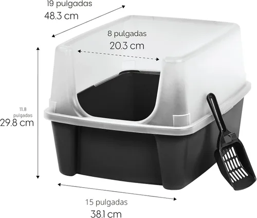 Miniatura 2 de IRIS USA - 2 Pack Caja de arena para gatos grande de tapa abierta con lados altos, escudo antidesperdicio y pala, color negro, para gatos
