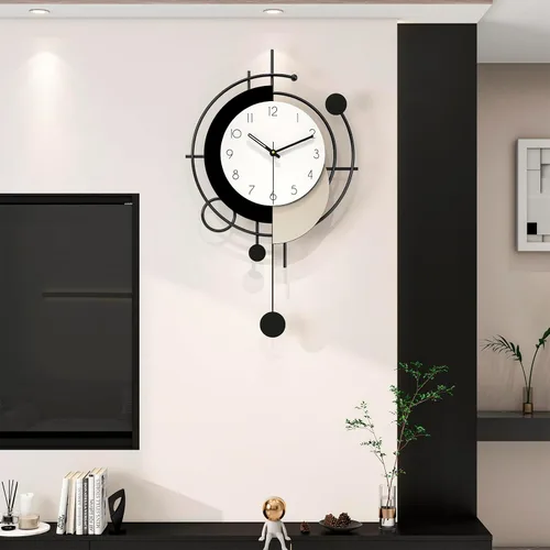 Miniatura 9 de Reloj de pared grande para decoración de sala de estar, reloj de pared decorativo moderno en negro con péndulo, de madera, funciona con pilas, sin