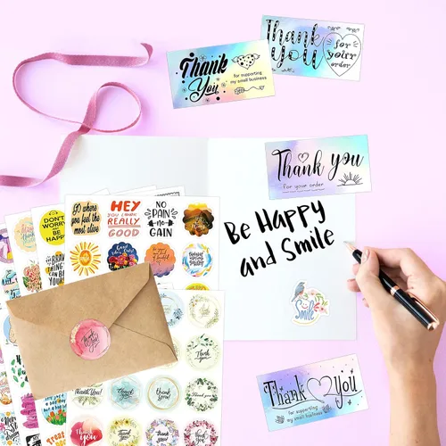 Miniatura 7 de zheyistep Juego de 360 tarjetas de agradecimiento y calcomanías, 180 tarjetas holográficas, 20 calcomanías de agradecimiento para pequeñas empresas