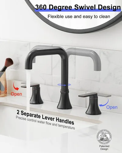 Miniatura 2 de Grifo de baño generalizado de 8 pulgadas con 3 agujeros, grifo de bronce para lavabo de baño giratorio de 360 grados, 2 manijas con drenaje Oil