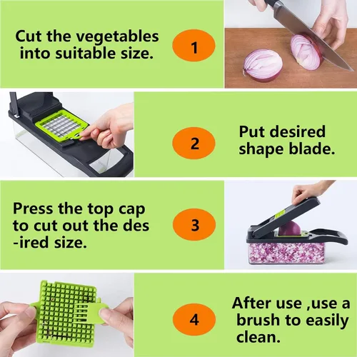 Miniatura 6 de Cortador de verduras, multifuncional 13 en 1 rebanador de alimentos para cocina. Cortador de verduras con 8 cuchillas y recipiente para ensalada