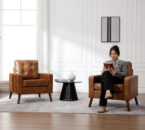 Miniatura 8 de BESTANO Silla decorativa marrón, sofá individual copetudo de piel sintética, silla de club de gran tamaño, sillón moderno de mediados de siglo