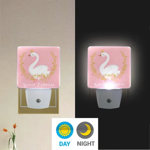 Miniatura 5 de Paquete de 2 lámparas LED de luz nocturna enchufables con impresión de princesa cisne con sensor de atardecer a amanecer para dormitorio, baño