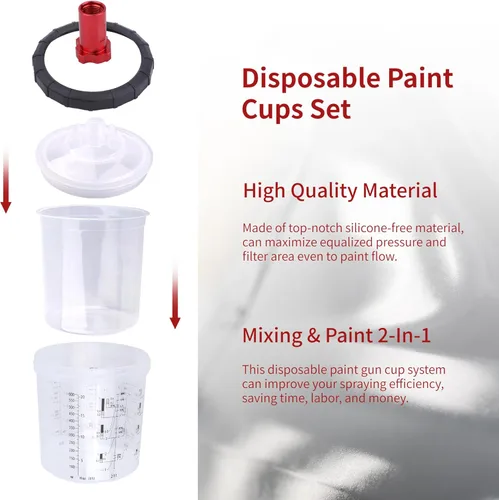 Miniatura 6 de HVLP - Pistola pulverizadora con 10 vasos de pintura desechables de 20.3 fl oz, kit de pistola de pulverización de alimentación por gravedad Rojo