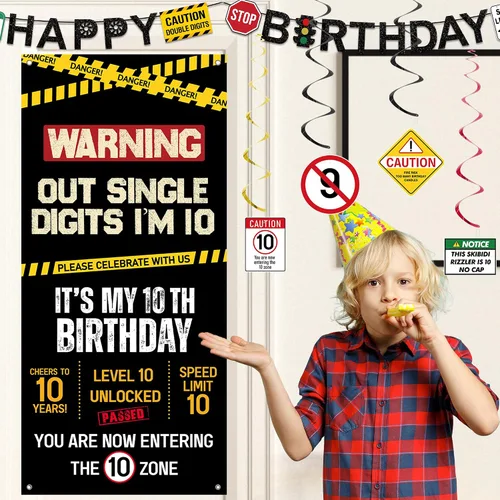 Miniatura 5 de Roetyce Decoraciones de cumpleaños número 10 para niños y niñas, pancarta negra de un dígito con la frase "I'm 10", globos colgantes en espirales