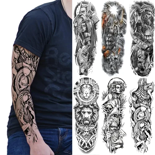 Miniatura 10 de Mangas temporales de tatuaje de bosque, brazo completo, lobo grande, león, animal, bosque, tribal, tatuajes falsos para hombres, mujeres y adultos