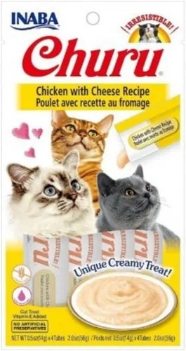 INABA - Golosinas Churu para gatos, puré cremoso para gatos, sin cereales, que se puede lamer y exprimir / suplemento con vitamina E y taurina, 0.5