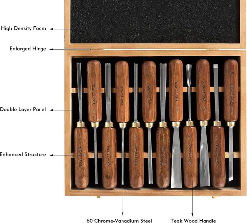 Miniatura 2 de Juego de 12 piezas de herramientas de tallado de madera para carpintería con caja de madera, cuchillas de acero CR-V 60 ultra afiladas