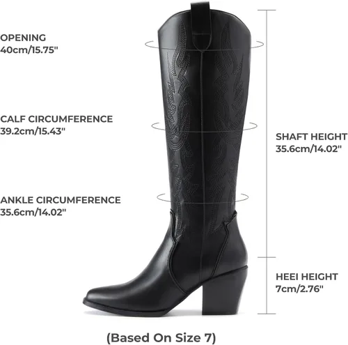 Miniatura 4 de Dream Pairs - Botas vaqueras para mujer, cómodas, con cremallera, tacón grueso, puntera puntiaguda, bordadas, botas altas hasta la rodilla