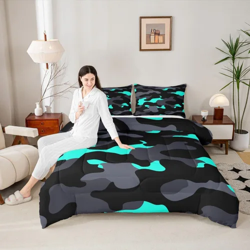 Miniatura 2 de Erosebridal Juego de edredón de camuflaje verde azulado, juego de ropa de cama de camuflaje gris y negro, juego de ropa de cama moderno de arte Camo