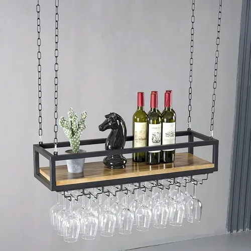 Miniatura 6 de Estante de techo para copas de vino, estante colgante para vino con soporte para vidrio y estante, soporte para botellas de vino colgante industrial