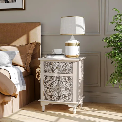 Miniatura 16 de SUNBURY Juego de 2 mesitas de noche vintage, mesa de noche pequeña de madera con cajón y estante abierto, mesa auxiliar de acento shabby para sala