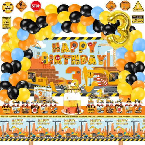 Suministros de fiesta de cumpleaños de construcción para niños de 3 años, 139 piezas de decoraciones de fiesta de camión volquete para niños y