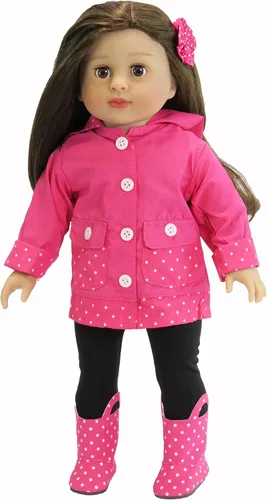 Miniatura 2 de American Fashion World Impermeable de lunares rosa para muñecas de 18 pulgadas Juego de 5 piezas Calidad premium y diseño moderno Ropa