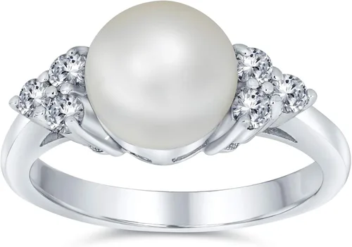 Miniatura 2 de Anillo de compromiso personalizable para fiesta nupcial, piedras laterales de circonita cúbica, color blanco, solitario, perlas cultivadas en agua