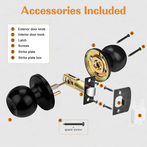 Miniatura 5 de Probrico Cerraduras de puerta de privacidad estilo bola redonda, pomos de puerta interiores negro mate para dormitorio y baño, pomos de puerta sin
