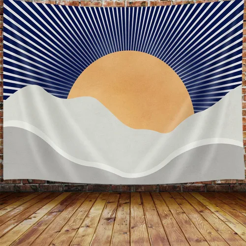 Miniatura 8 de JAWO Tapiz Bohemio Azul, Tapiz de Naturaleza con Montaña Abstracta y Sol Dorado para Colgar en la Pared para Dormitorio, Tapices de Paisaje