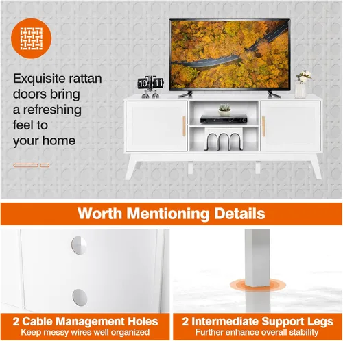 Miniatura 9 de Tangkula Soporte de TV de ratán para televisores de hasta 65 pulgadas, mesa consola de TV multimedia con estante ajustable, gabinetes de 2 puertas