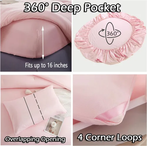 Miniatura 6 de MorroMorn Juego de edredón rosa individual, 4 piezas de cama en una bolsa para todas las estaciones, juego de cama rosa nube, sábanas bajeras