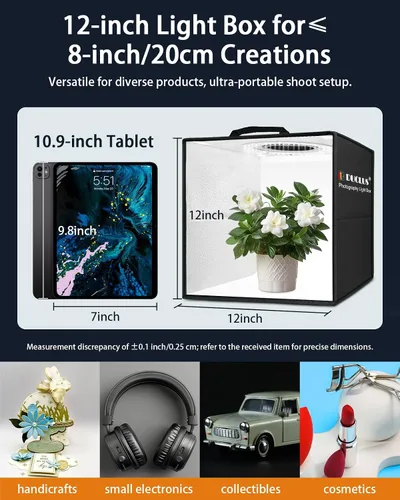 Miniatura 8 de DUCLUS Fotografía de caja de luz, caja de cabina de fotos de 12 x 12 pulgadas con 120 luces LED regulables y CRI>95, caja de luz portátil con 8