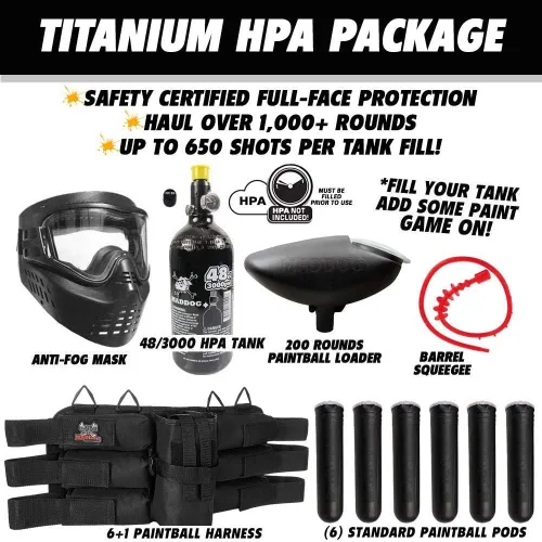 Miniatura 2 de Maddog JT Stealth Paintball Gun Marker and Accessory Starter Packages [HPA] Marker, 48ci/3000psi Compressed Air Tank, Mask, Hopper, Pods, Harness