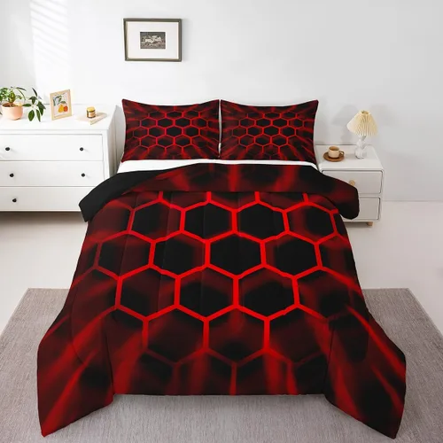 Miniatura 23 de Juego de ropa de cama individual de panal para niños y niños, color negro, verde azulado, azul, hexagonal, geométrico, patrón de colmena, edredón