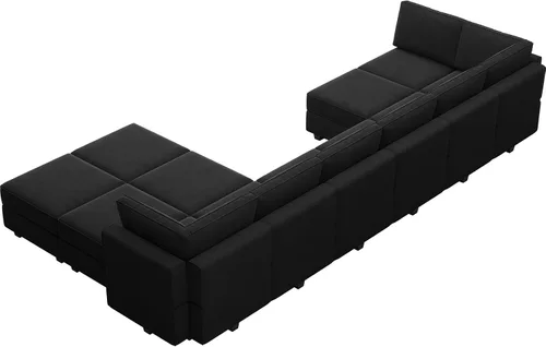 Miniatura 8 de Belffin Sofá modular en forma de U de gran tamaño con tumbonas dobles reversibles de terciopelo con almacenamiento, color negro