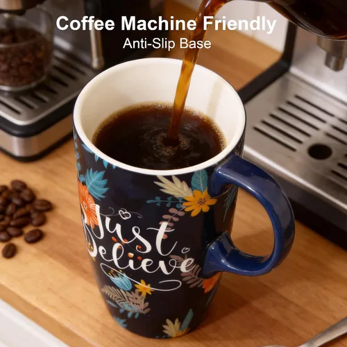 Miniatura 6 de Topadorn Taza de cerámica con tapa y asa, 17 oz. Taza de café alta para el hogar, perfecta para café y té, Just Believe Solo creer