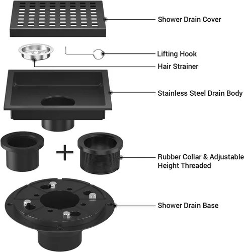 Miniatura 3 de EXF Drenaje de ducha cuadrado de 6 pulgadas con base de brida ABS, drenaje de piso de acero inoxidable 304 negro mate, rejilla extraíble y colador
