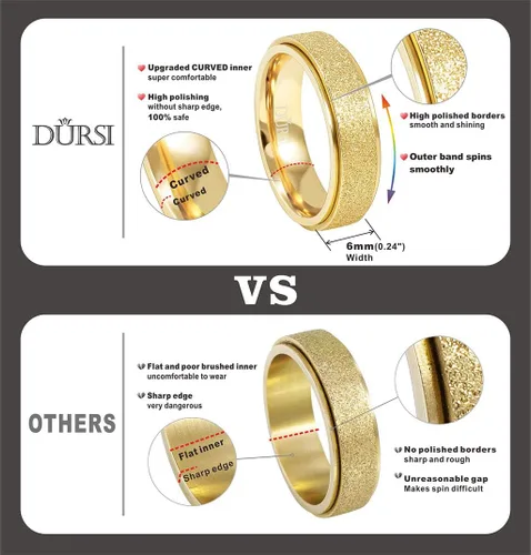 Miniatura 2 de Anillo giratorio para mujer y hombre de acero inoxidable con acabado de lijado para ansiedad, 6 mm / 8 mm