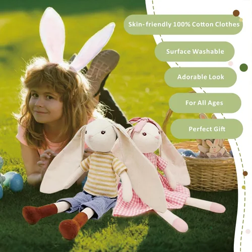 Miniatura 2 de Peluche de conejo de 15 pulgadas para bebé, muñeca de juguete de peluche, con camiseta y pantalones a rayas, lindo juego de muñeca para niñas de 3