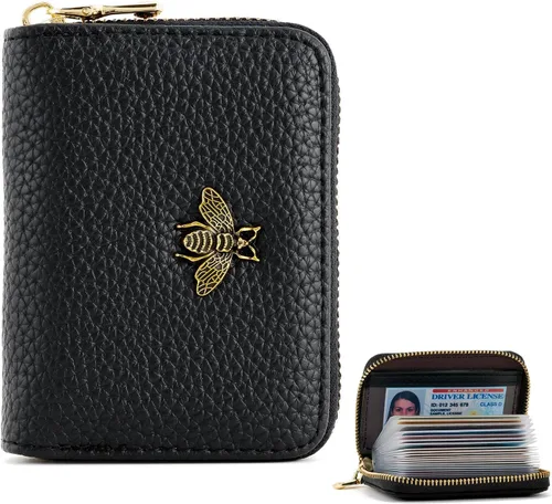 WOZEAH Tarjetero de cuero para mujer, cartera con bloqueo RFID, con cremallera, tarjetero, para negocios, Negro, Sólido