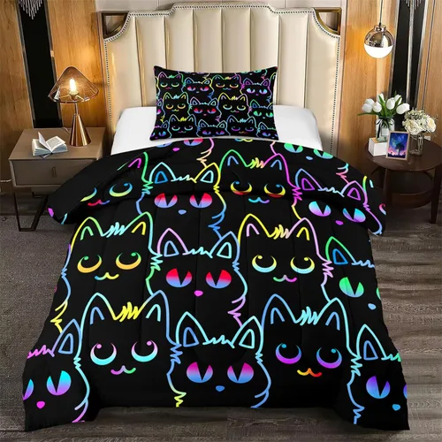 Miniatura 9 de Juego de ropa de cama de tamaño individual, edredón de gatos de dibujos animados para niñas, niños y adolescentes, juego de edredón azul