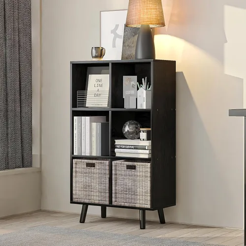 Miniatura 8 de Estantería abierta de 6 cubos, estantería de madera de 3 niveles con patas y panel posterior, ideal para contenedores de almacenamiento de tela