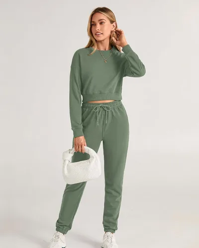 Miniatura 47 de BTFBM Conjunto deportivo de 2 piezas para mujer, camiseta corta de manga larga, sin botones, pantalón con cordón ajustable, pantalones deportivos