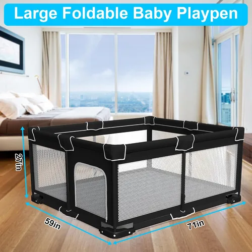 Miniatura 3 de Grobeybees Corralito plegable para bebés con alfombra, corralito plegable grande para bebés y niños pequeños, corral de juegos plegable portátil