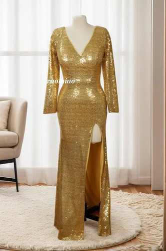 Miniatura 8 de Vestido de fiesta de lentejuelas de manga larga con cuello en V, vestido de fiesta dividido de satén con cola desmontable, vestido de noche formal