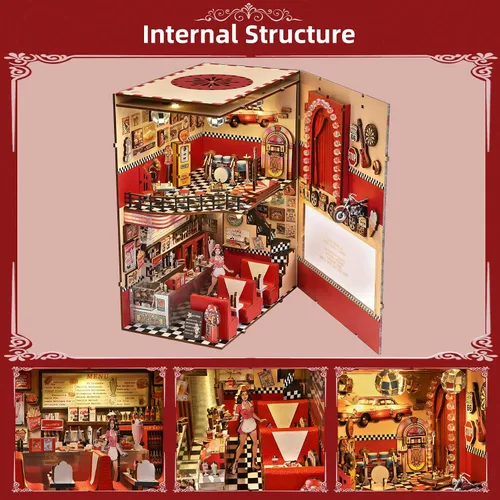 Miniatura 3 de fifijoy Kit de Rincón de Libros - Kit de Casa en Miniatura DIY para Adultos, Kit de Construcción de Casa Pequeña Cafetería Retro de los años 50