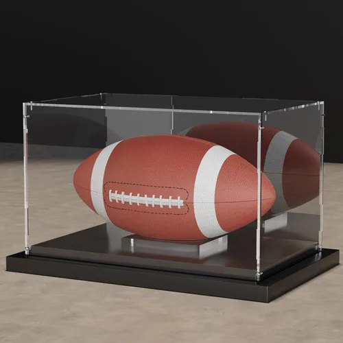 Vitrina para Balón de Fútbol Americano con Respaldo de Espejo y Base Acanalada de Metal Negro - Soporte Apilable de Acrílico Transparente con