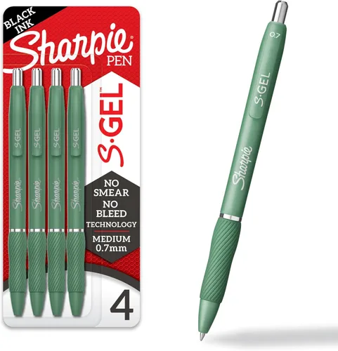 Sharpie S-Gel - Bolígrafos de gel, barril verde, tinta negra, punta media (0.028 in), 4 unidades, para el hogar, oficina, universidad, diario, Verde