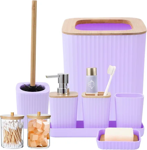 Miniatura 64 de XLHOMO - Juego de baño beige de plástico de 9 piezas, con basurero, dispensador de jabón, portacepillos de dientes, vaso, jabonera, cepillo