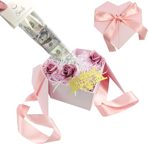 Caja de dinero para regalo en efectivo, caja de regalo para dinero en efectivo, ideas rosadas, caja de regalo con tarjeta y cinta, regalo sorpresa,
