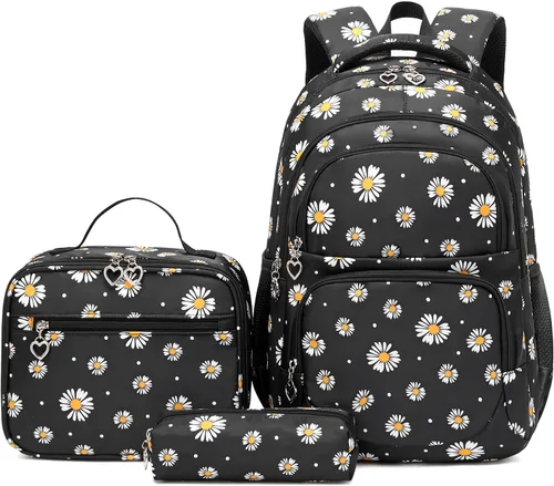 goldwheat Mochilas impresas margaritas con paquete de almuerzo, estuche de lápices 3pcs, bolsa ligera resistente al agua para la escuela secundaria,