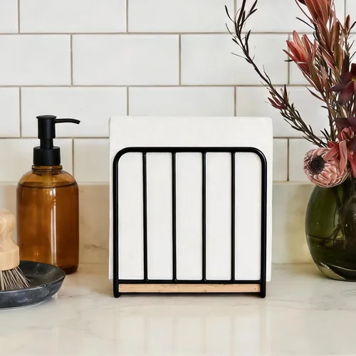 Miniatura 5 de Servilletero moderno de granja para mesa, base de madera maciza pesada con diseño de metal, dispensador vertical de servilletas para encimera