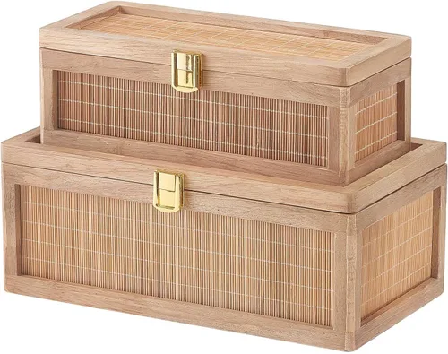 Caja decorativa de bambú natural con tapas, juego de 2 cajas decorativas únicas, caja de recuerdos de boda bohemia, caja de memoria con tapa para